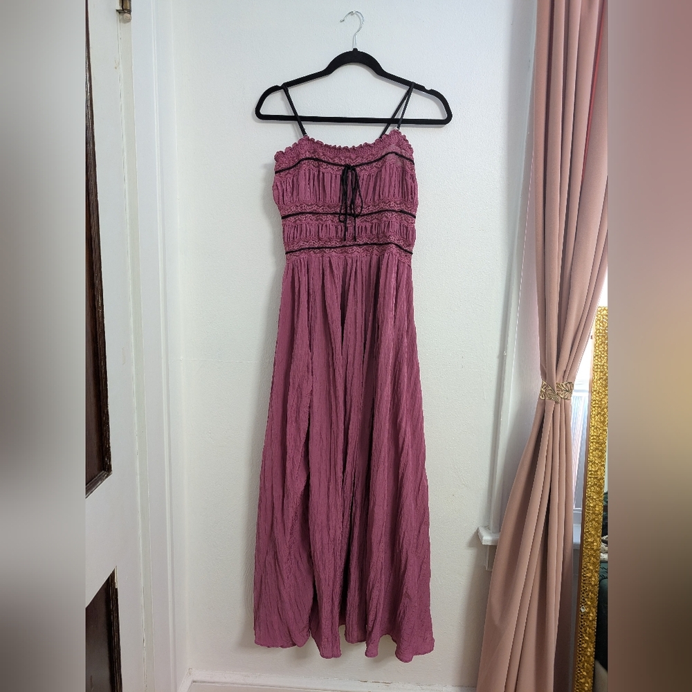 Free People Pretty Please Maxi Slip Mauve Dress with Black Details